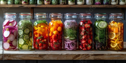 A row of jars filled with various types of vegetables on a shelf