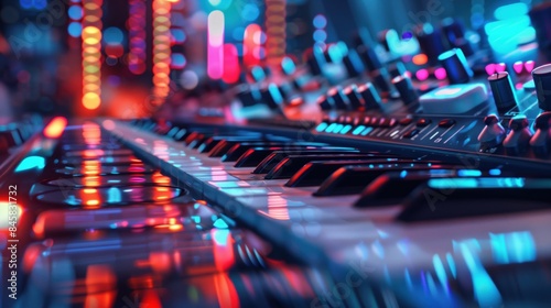 Close-up of a synthesizer keyboard with colorful LED lights, capturing the vibrant and dynamic essence of electronic music production.