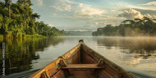 A traditional boat travelling down the Amazon River in the rain forest 