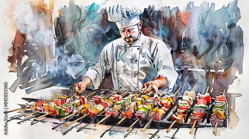 A chef is grilling kebabs on a grill. The chef is wearing a white chef's coat and hat. The kebabs are made of meat and vegetables. The grill is in a restaurant.