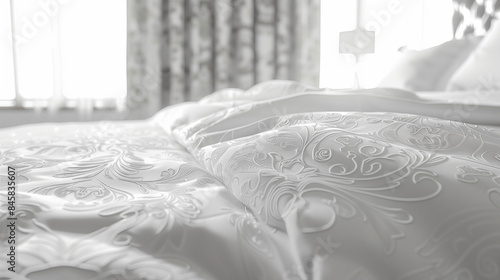 White bedspread with intricate patterns in a bright bedroom