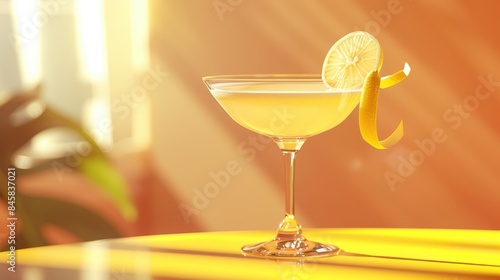 Martini glass with a yellowish beverage, garnished with a lemon twist, placed on a reflective surface