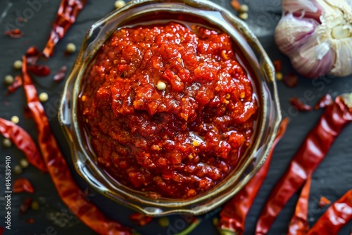 Spicy Schezwan sauce made with red chilies garlic shallots and spices is thick and red