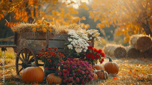 Wooden wagon decorated with pumpkins flowers hay bales in Autumn in farm