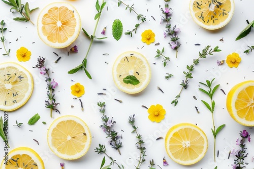 Tea and lemon arranged creatively on white background