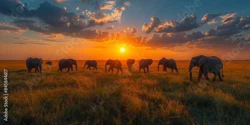 Elephants peacefully feeding in a grassy field as the sun sets