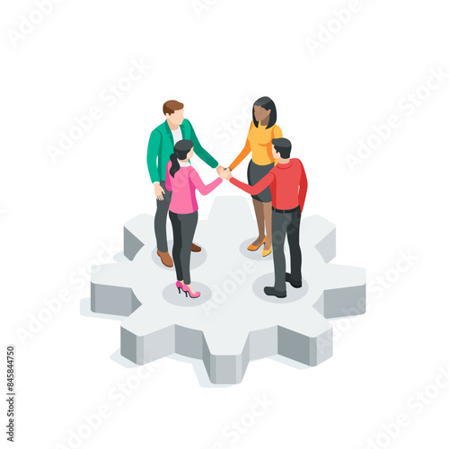 isometric vector business people joined their hands while standing on a large gear, in color on a white background, teamwork or joining forces for a common cause