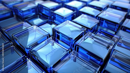 Abstract blue glass cubes background. Data blocks illustration. Elegant banner wallpaper poster design template.