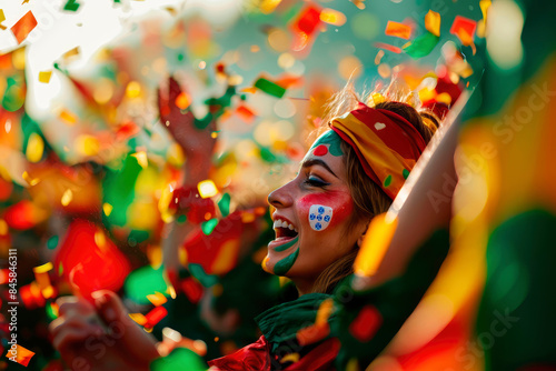 Victory and Pride: Portuguese Woman with Face Painted in National Colors Celebrating Portugal's Success 
