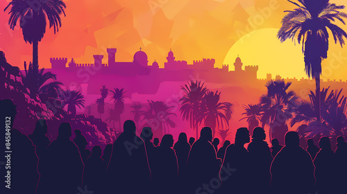 Illustration of Christ's triumphal entry into Jerusalem at sunset