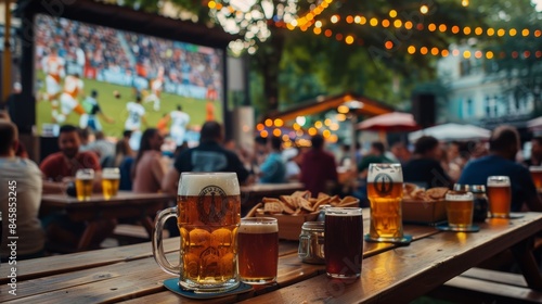 Pints and snacks in a festive beer garden in the background you can see a blurred screen with a soccer match
