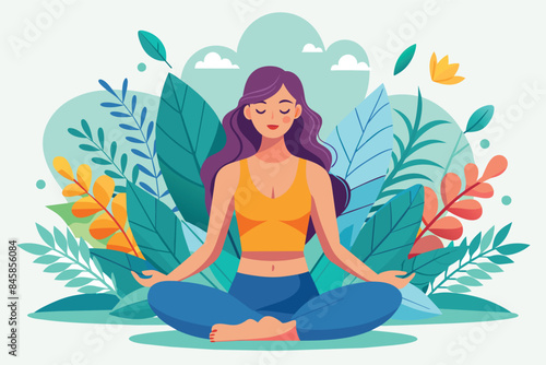 An illustration of a woman meditating in a peaceful setting, surrounded by lush green foliage and flowers.