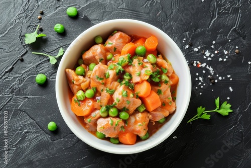 Top view of a white bowl of meat stew with carrot and green pea on a dark grey surface