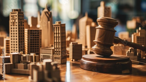 The close up picture of the hammer for law called gavel placing on the wooden base near the architectural model of the city that stand for regulation about building structure and construction. AIGX02.
