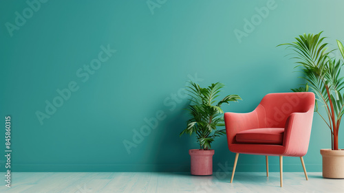 Interior photo of a colorful armchair against an empty mid century living room wall , armchair, furniture, interior, colorful, mid century, living room, decoration, design, home, retro, modern