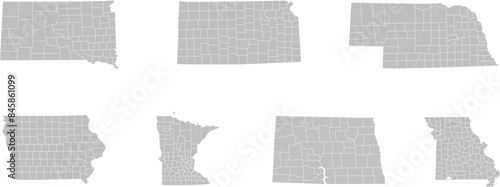 Midwest region. West North Central: Iowa, Kansas, Minnesota, Missouri, Nebraska, North Dakota, South Dakota. States of America territory. Separate states. Vector illustration