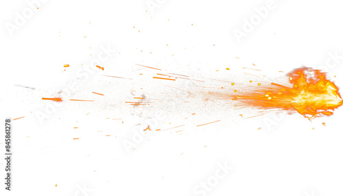 Isolated image of a muzzle flash on a white or transparent background. Close-up of the flame emerging from the muzzle of a gun. A design element illustrating a fiery shot.