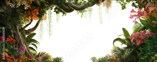 jungle scene featuring a large, tree with hanging vines and a variety of tropical flowers, isolated on transparent background