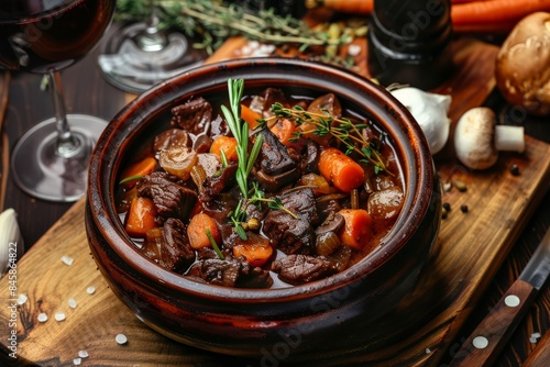 Traditional French beef stew with lardons carrots mushrooms and shallots