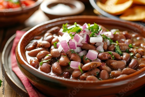 Traditional Mexican dish with pinto beans bacon onion garlic stewed in a bowl on the table Horizontal