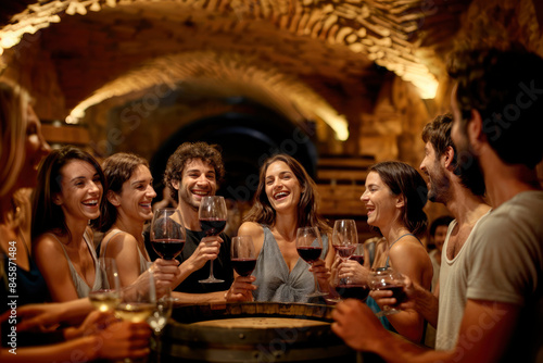 A Taste of Tradition: Group of Friends at Porto Wine Tasting in a Cellar with Wooden Barrels, Offering an Unforgettable Experience of Heritage and Flavor.