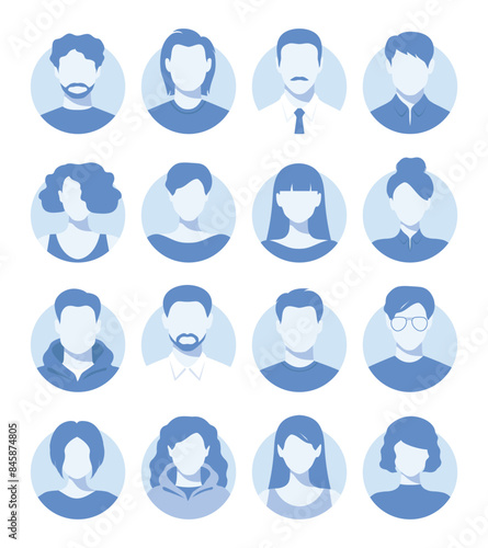 Abstract female and male faceless portraits, avatars or anonymous profiles. Set of woman and man abstract face icons in blue colors. Vector illustration