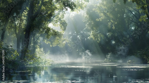 A misty morning on the banks of a tranquil river, with sunlight filtering through the trees to illuminate the mist rising from the water.