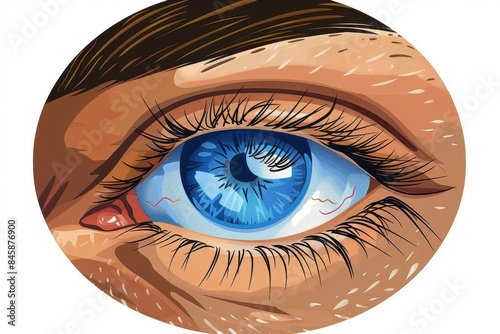 An intricate illustration of a human eye with a striking blue iris and detailed eyelashes and skin texture
