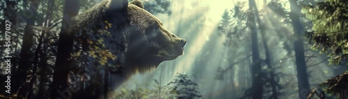 Majestic bear in serene forest with sunlit rays filtering through trees, evoking tranquility and the beauty of wilderness.