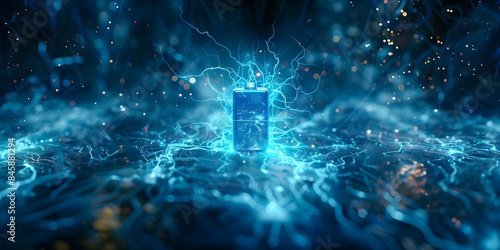 Blue Energy Abstract Concept with Lithium Battery Symbolizing Power Generation and Technology. Concept Blue Energy, Abstract Concept, Lithium Battery, Power Generation, Technology