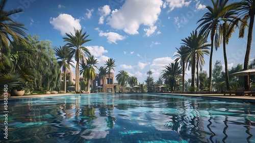 A tranquil oasis in the heart of the desert, with lush palm trees surrounding a shimmering pool of freshwater.