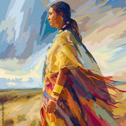 native american indian woman painting in the desert poster, generative Ai