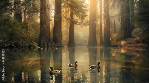 A tranquil pond surrounded by towering redwoods, their massive trunks reflected in the still waters as ducks paddle lazily by.