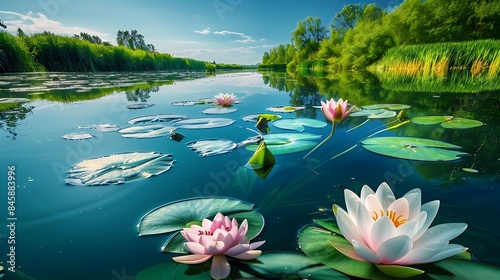 A tranquil pond surrounded by blooming water lilies, their delicate petals floating on the surface of the still water beneath a clear blue sky.