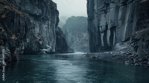 A tranquil river winding its way through a rugged canyon, with sheer rock walls rising dramatically on either side as the water rushes below.