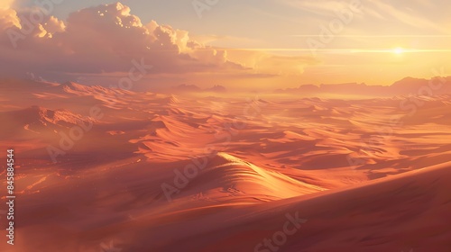 A vast desert landscape stretching to the horizon, with towering sand dunes sculpted by the wind and illuminated by the warm glow of the setting sun.