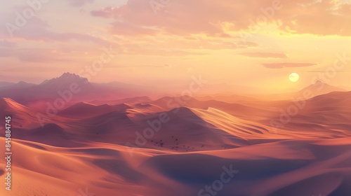 A vast desert landscape stretching to the horizon, with towering sand dunes sculpted by the wind and illuminated by the warm glow of the setting sun.