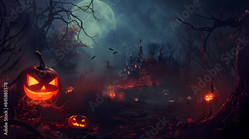 Beautiful festive background for Halloween with pumpkins and fog. AI Generated