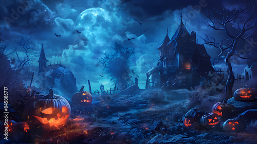 Beautiful festive background for Halloween with pumpkins and fog. AI Generated