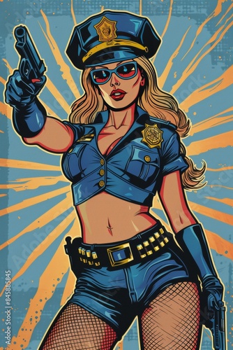 Vector illustration of sexy female police officer holding a gun. Comic book.
