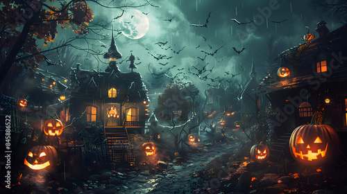 Beautiful festive background for Halloween with pumpkins and fog. AI Generated