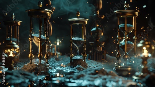 The passage of time represented by a series of hourglasses with sand flowing at different rates
