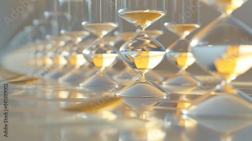 The passage of time represented by a series of hourglasses with sand flowing at different rates