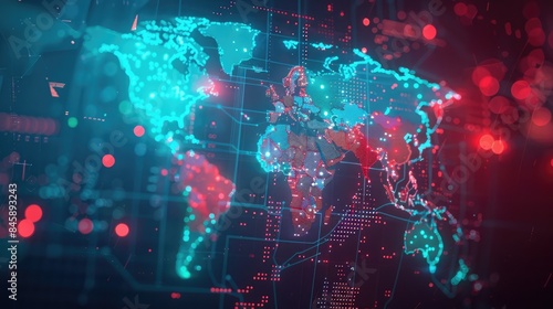 Holographic overlay on cybersecurity world map with neon blue and red highlighted regions. Cybersecurity map