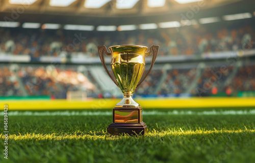 Win concept. Champion award gold cup, Golden winner's cup in the middle of a soccer stadium,