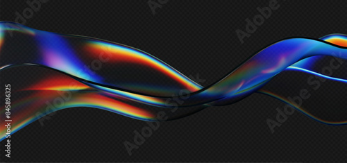 3d crystal glass liquid wave with refraction and holographic effect isolated on dark background. Render transparent glass ribbon, fluid splash with rainbow gradient flying in motion. 3d vector figure