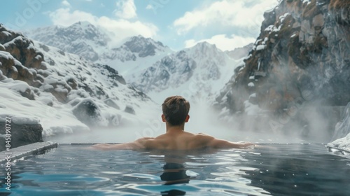 Male relax in hot spring spa with snow mountain in winter.