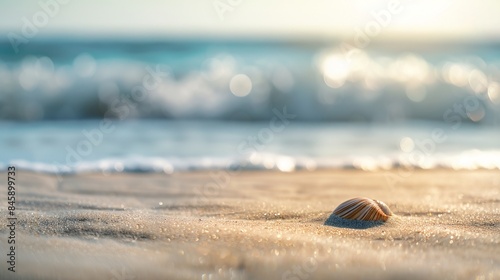 A sea shell on sandy beach with tropical blue sea