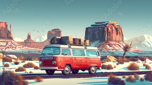 Artistic vector illustration of vintage retro camper van