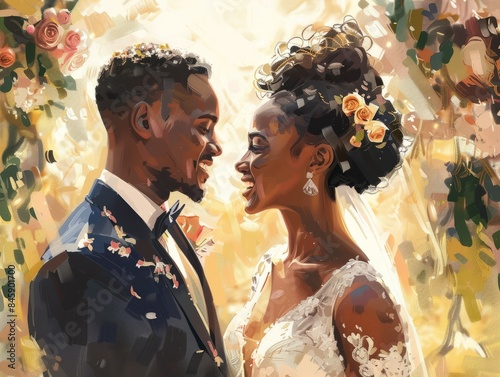 African american couple in sunlight at wedding day. Generative AI.
